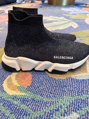 Balenciaga Speed Trainer Black Glitter Knit Sneakers Black & White